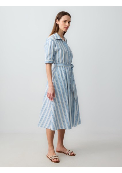 Mavi Gömlek Yaka Dirsek Kol Çizgili Midi Dokuma Elbise modelleri