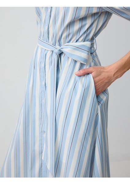 Mavi Gömlek Yaka Dirsek Kol Çizgili Midi Dokuma Elbise fırsatları