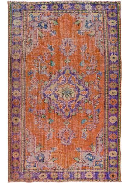 170 x 275 cm Turuncu, Mor, Mavi ve Yeşil Renkli Madalyon Desenli El Yapımı Eski Alan Halısı