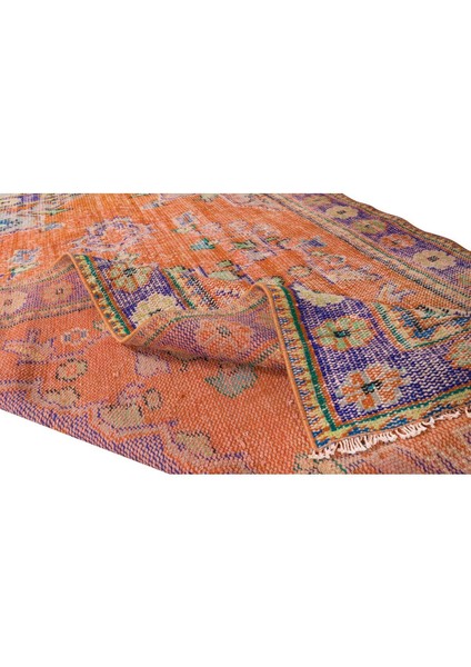 170 x 275 cm Turuncu, Mor, Mavi ve Yeşil Renkli Madalyon Desenli El Yapımı Eski Alan Halısı modelleri
