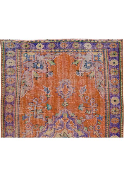 170 x 275 cm Turuncu, Mor, Mavi ve Yeşil Renkli Madalyon Desenli El Yapımı Eski Alan Halısı fırsatları