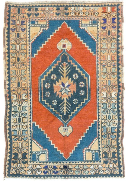 107 x 162 cm El Dokuması Türkiye Konya Halısı. Eski Halı. Yün Zemin Kaplama