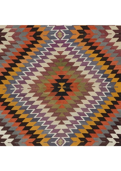147 x 378 cm Renkli El Dokuma Türk Kilimi, Yünden Yapılmıştır, Elmas Desenli Eski Yolluk Halı indirimleri
