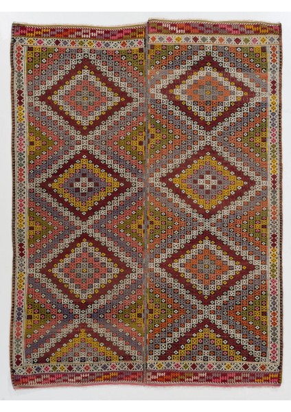 182 x 240 cm Çok Renkli Geometrik Desenli Eski Dekoratif El Dokuması Cicim Kilim
