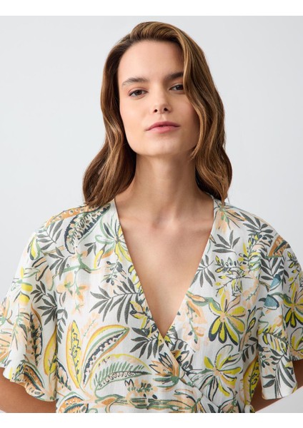 Taş V Yaka Kısa Kollu Desenli Keten Mini Elbise indirimleri