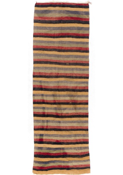 124 x 360 cm Sarı, Siyah, Kırmızı, Mavi ve Gri Eski Düz Dokuma Kilim Yolluk, Çizgili Halı
