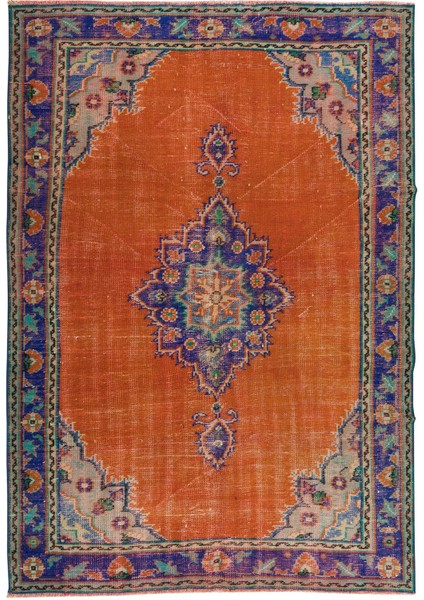 165 x 240 cm Turuncu, Mor, Mavi ve Yeşil Renkli Madalyon Desen El Yapımı Anadolu'dan Eski Halı