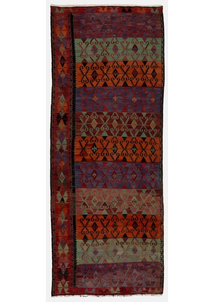 158 x 400 cm Nadir Bulunan Eski El Dokuması Kilim, Dekoratif Yolluk Kilim, Çok Renkli