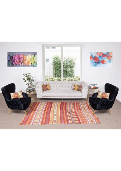 174 x 235 cm El Yapımı Çizgi Desenli Eski Kilim, Çift Yönlü. Yün