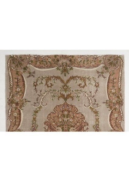 210 x 276 cm Aubusson'dan Esinlenen Eski Türk El Yapımı Yün Halı, Soluk Gül ve Gri Tonlarda