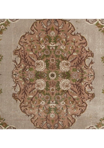 210 x 276 cm Aubusson'dan Esinlenen Eski Türk El Yapımı Yün Halı, Soluk Gül ve Gri Tonlarda