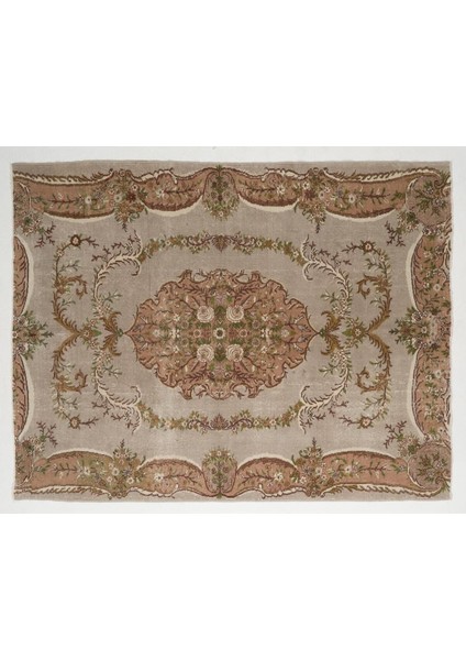 210 x 276 cm Aubusson'dan Esinlenen Eski Türk El Yapımı Yün Halı, Soluk Gül ve Gri Tonlarda