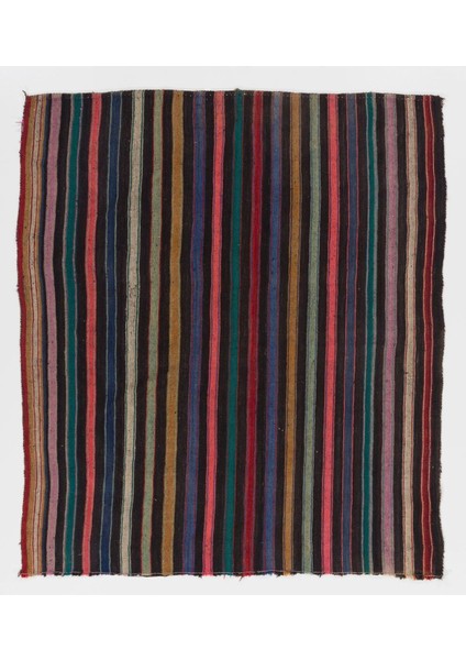 156 x 198 cm Siyah, Turuncu, Leylak, Yeşil Çizgili Eski Düz Dokuma Kilim Halı, Dekoratif Kilim