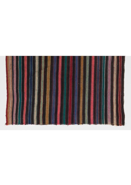 156 x 198 cm Siyah, Turuncu, Leylak, Yeşil Çizgili Eski Düz Dokuma Kilim Halı, Dekoratif Kilim modelleri