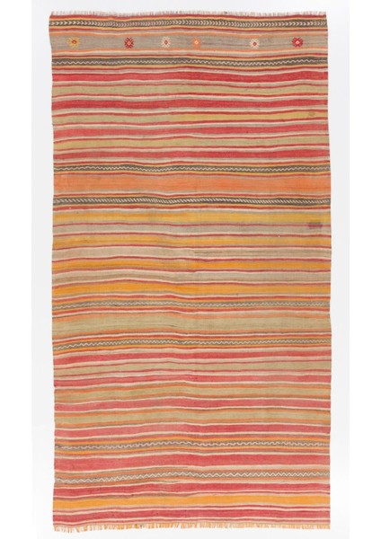 165 x 290 cm El Dokuma Eski Çizgili Kilim. Düz Dokuma Dekoratif Kilim. Yün