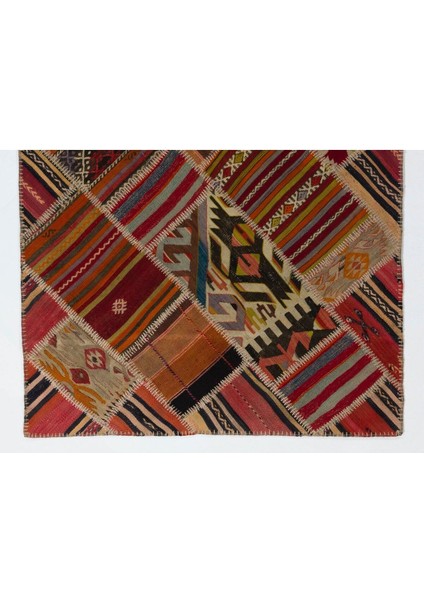 123 x 180 cm Eski El Yapımı Türk Patchwork Kilim, Düz Dokuma Halı