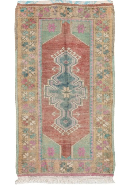 85 x 140 cm Yumuşak Kırmızı, Yeşil, Pembe, Mor Renklerde Eski Türk Dağılım Halısı
