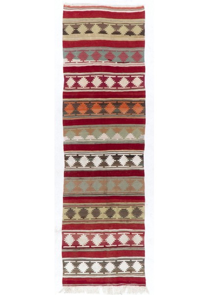 102 x 328 cm Geometrik Tasarımlı El Dokuma Eski Anadolu Yolluk Kilim Halı (Düz Dokuma)