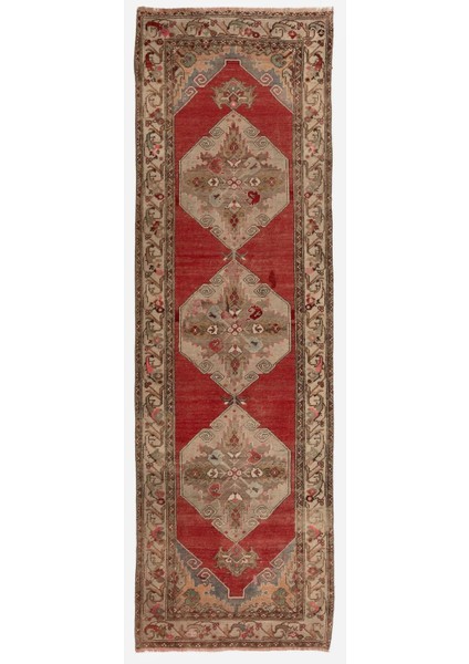 100 x 310 cm Antika El Yapımı Türk Oushak Runner. Türünün Tek Örneği Yün Halı.