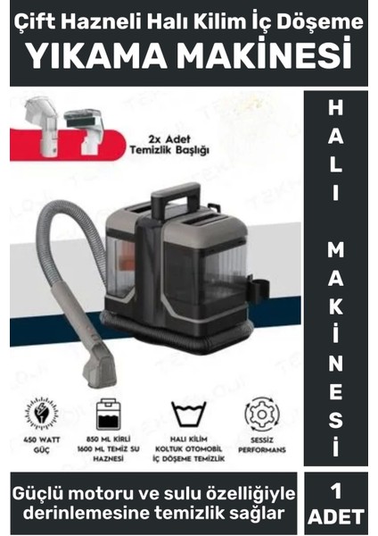 450 Watt Motor Halı Kilim Koltuk Oto Döşeme Yıkama Temiz Kirli Su Hazneli 2 Başlıklı Yıkama Makinesi