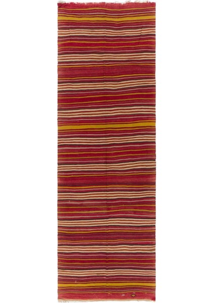 140 x 435 cm El Yapımı Renkli Çizgili Kilim Yolluk. Eski Kırmızı Koridor Halısı