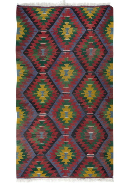 183 x 320 cm Geometrik Desenli Eski El Dokuma Türk Yünü Kilim 'düz Dokuma'