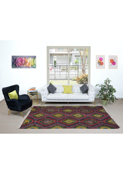 183 x 320 cm Geometrik Desenli Eski El Dokuma Türk Yünü Kilim 'düz Dokuma'