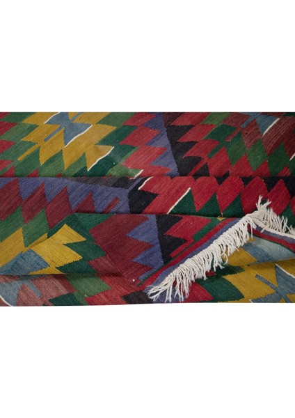 183 x 320 cm Geometrik Desenli Eski El Dokuma Türk Yünü Kilim 'düz Dokuma'