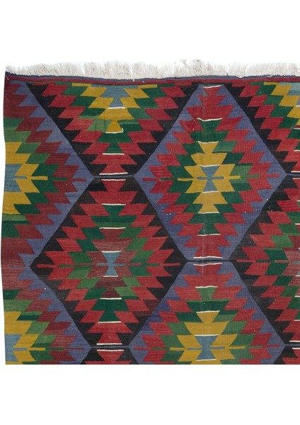 183 x 320 cm Geometrik Desenli Eski El Dokuma Türk Yünü Kilim 'düz Dokuma'