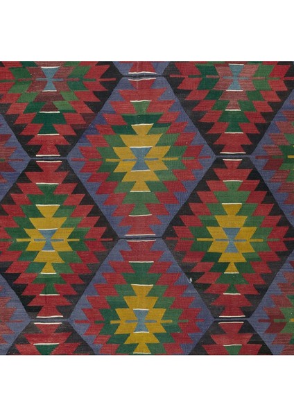 183 x 320 cm Geometrik Desenli Eski El Dokuma Türk Yünü Kilim 'düz Dokuma'