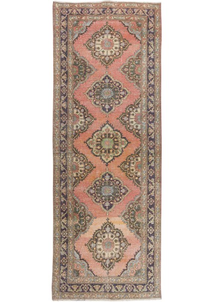 143 x 393 cm Geleneksel El Düğümlü Yünlü Yolluk Halı. Koridor Için Eski Geometrik Desenli Halı