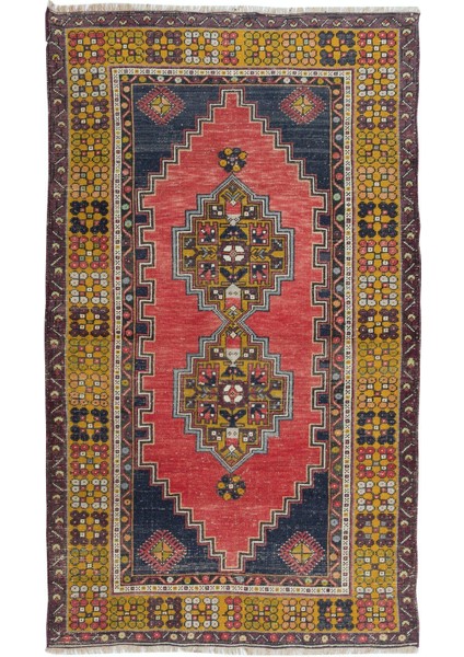 112 x 200 cm Türkiye'den Eski Halı, Kırmızı, Altın, Lacivert, Pembe ve Yeşil Renklerde Oryantal Halı