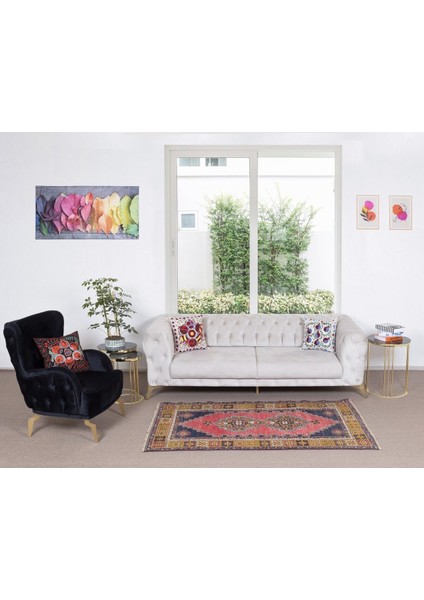 112 x 200 cm Türkiye'den Eski Halı, Kırmızı, Altın, Lacivert, Pembe ve Yeşil Renklerde Oryantal Halı