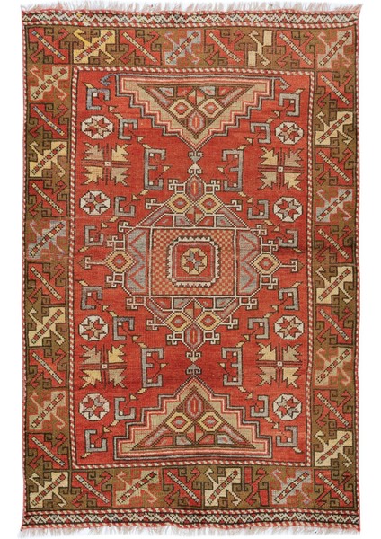 115 x 175 cm Kırmızı Eski El Düğümlü Geometrik Desenli Geleneksel Halı