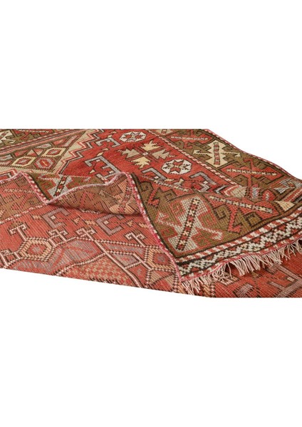 115 x 175 cm Kırmızı Eski El Düğümlü Geometrik Desenli Geleneksel Halı