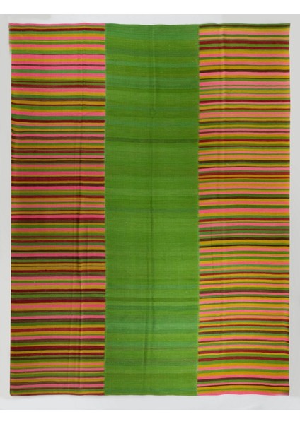 285 x 363 cm Modern Çift Taraflı Yün Kilim, Özel Seçenekler Mevcut, Çizgi Desenli Yeşil Kilim