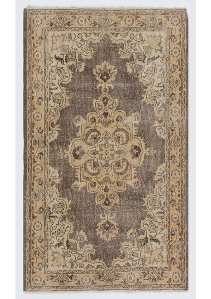 120 x 205 cm Eski Türk Halısı. El Yapımı Yün Halı. Bej, Kahverengi, Yumuşak Kum Sarısı Renkler