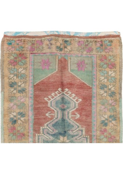 85 x 140 cm Yumuşak Kırmızı, Yeşil, Pembe, Mor Renklerde Eski Türk Dağılım Halısı
