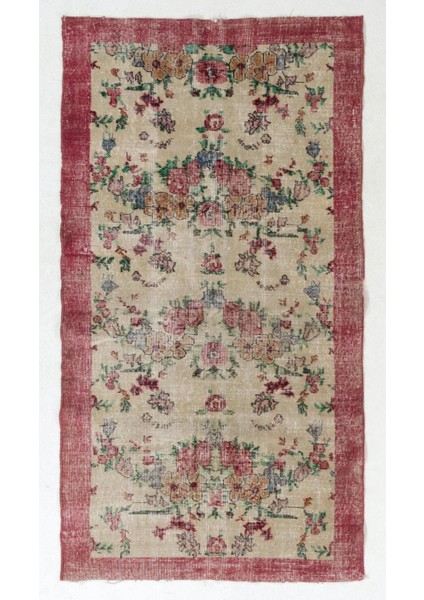 115 x 205 cm Kırmızı ve Fildişi Düşük Yün Tüylü Eski El Yapımı Türk Çiçek Desenli Halı