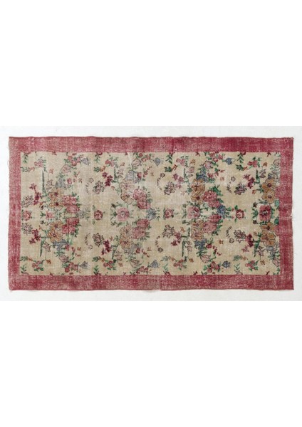 115 x 205 cm Kırmızı ve Fildişi Düşük Yün Tüylü Eski El Yapımı Türk Çiçek Desenli Halı
