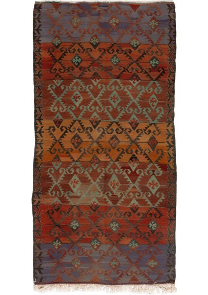108 x 220 cm Geometrik Tasarımlı Eski Yolluk Kilim. Düz Dokuma Mutfak Kilimi. Koridor Kilimi Yün