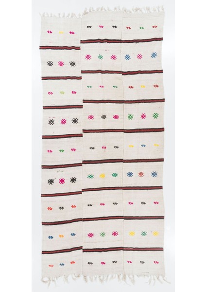 210 x 430 cm Pembe Yeşil Turuncu Mavi Işlemeli Eski Yün ve Pamuklu El Dokuması Kilim