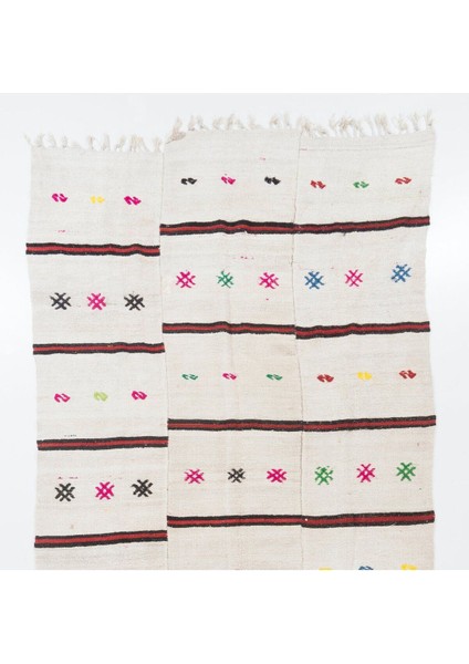 210 x 430 cm Pembe Yeşil Turuncu Mavi Işlemeli Eski Yün ve Pamuklu El Dokuması Kilim