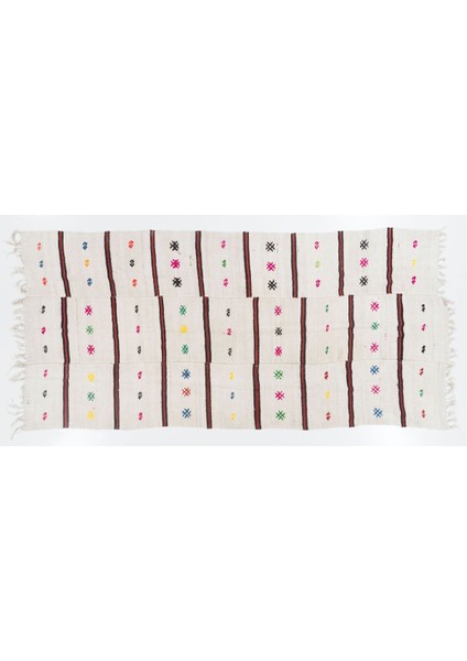 210 x 430 cm Pembe Yeşil Turuncu Mavi Işlemeli Eski Yün ve Pamuklu El Dokuması Kilim