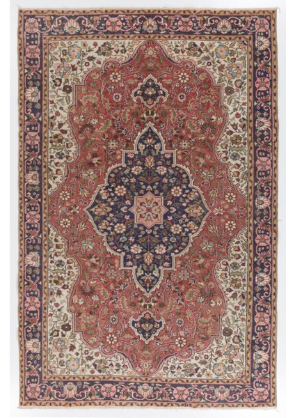 208 x 315 cm Oda Boyutunda Eski El Düğümlü Kırmızı ve Mavi Tonlarda Yünlü Halı