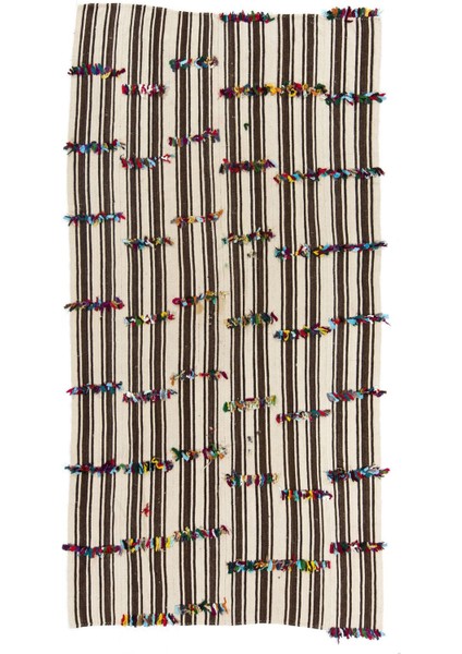 167 x 327 cm Çok Renkli Ponponlu Doğal Yünden Yapılmış Eski El Dokuması Kilim