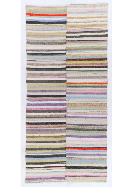 140 x 304 cm Çizgili Tasarımlı El Dokuma Eski Kilim (Düz Dokuma), Pamuk Halı
