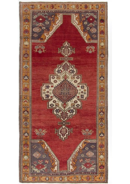 174 x 359 cm Geleneksel Kırmızı ve Mavi Renklerinde Eşsiz Eski El Yapımı Türk Halısı