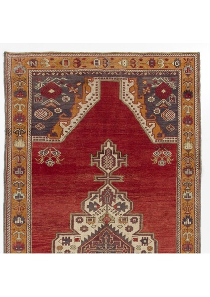 174 x 359 cm Geleneksel Kırmızı ve Mavi Renklerinde Eşsiz Eski El Yapımı Türk Halısı