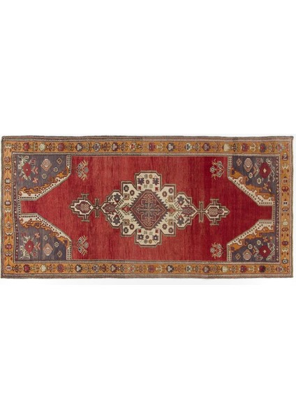 174 x 359 cm Geleneksel Kırmızı ve Mavi Renklerinde Eşsiz Eski El Yapımı Türk Halısı
